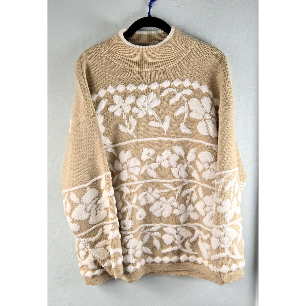 Vtg 80s 90s Carriage Court Pullover Sweater Women's M/L Soft‎ Floral Brown Tan